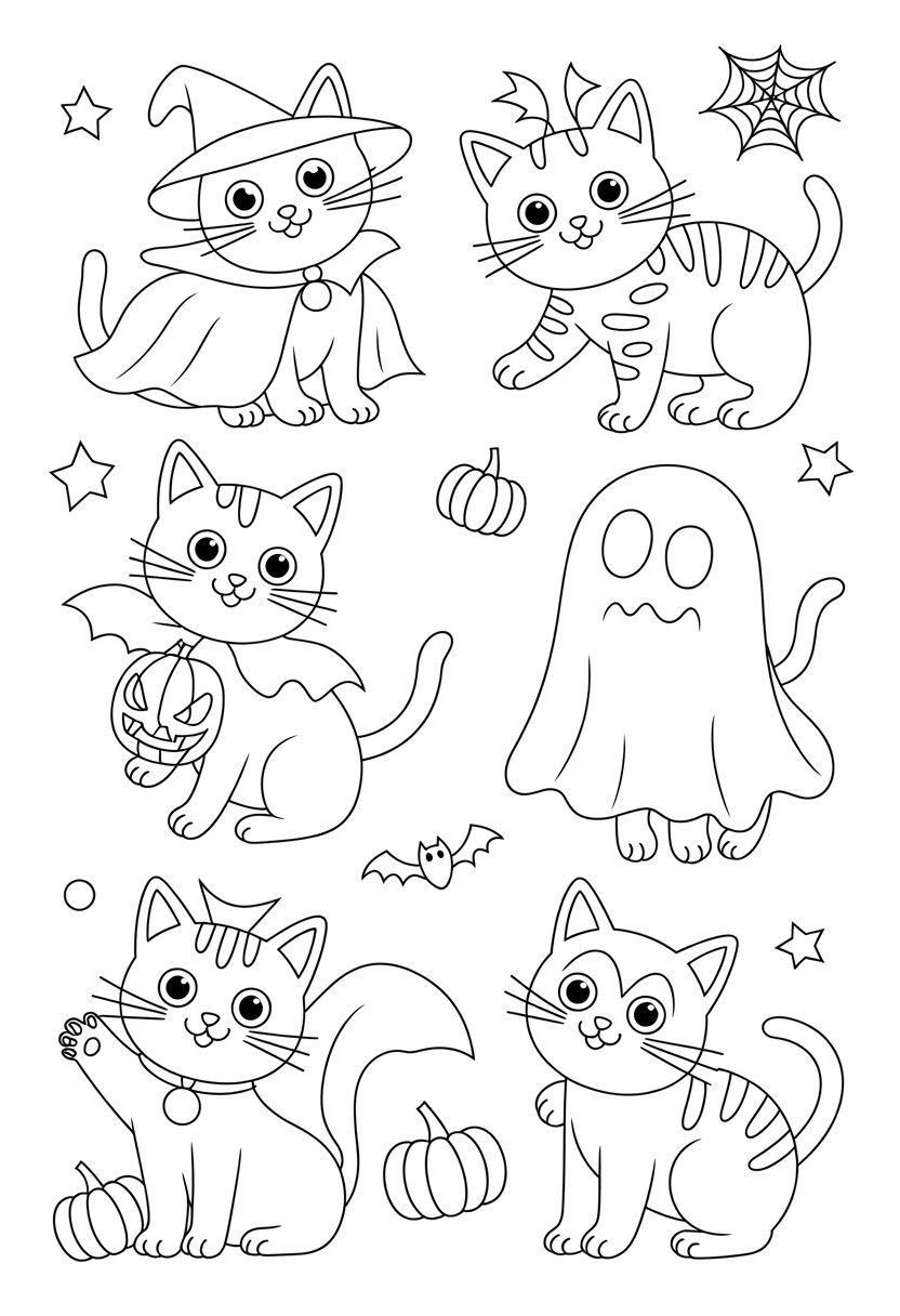 Printable Cute Cat Coloring Pages 20 Best Designs for All Ages 39 Several cats wearing different Halloween costumes including a witch, pumpkin, ghost, vampire, and black cat, surrounded by pumpkins, bats, stars, and spider webs.